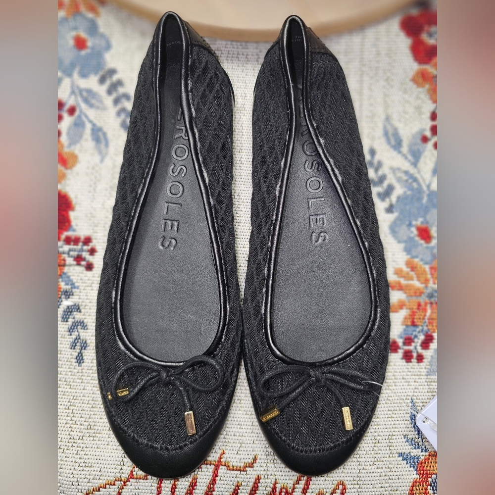 Aerosoles Palma Leather Black Mesh Ballet Slip On Low Heel Flats Bow Size 7 W NE